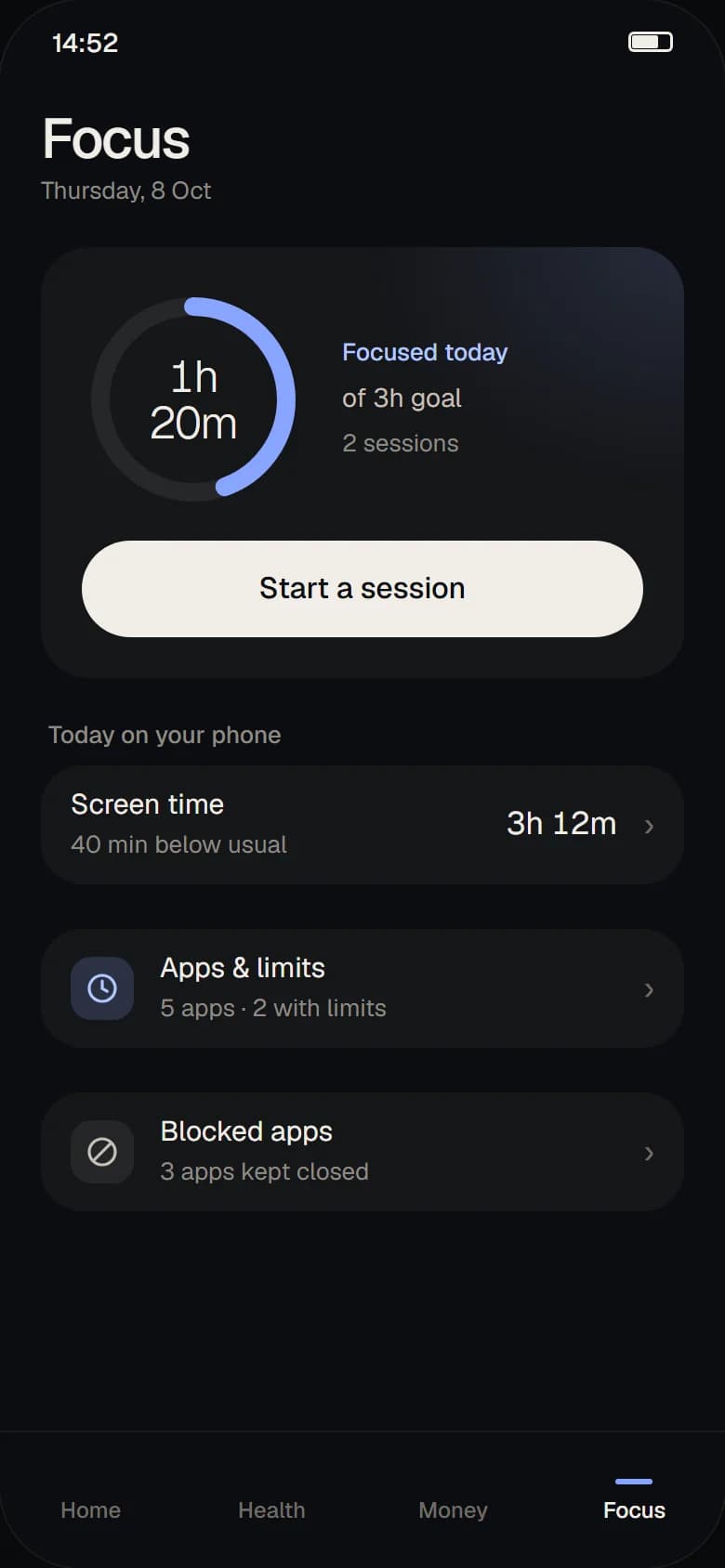 HYFO Focus: time focused today against a 3 hour goal, screen time and app limits