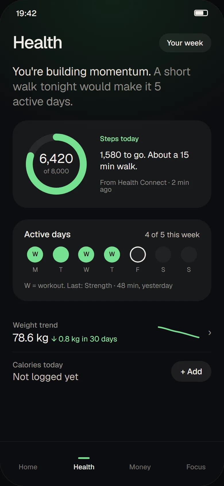 HYFO Health: steps ring, active days this week and weight trend