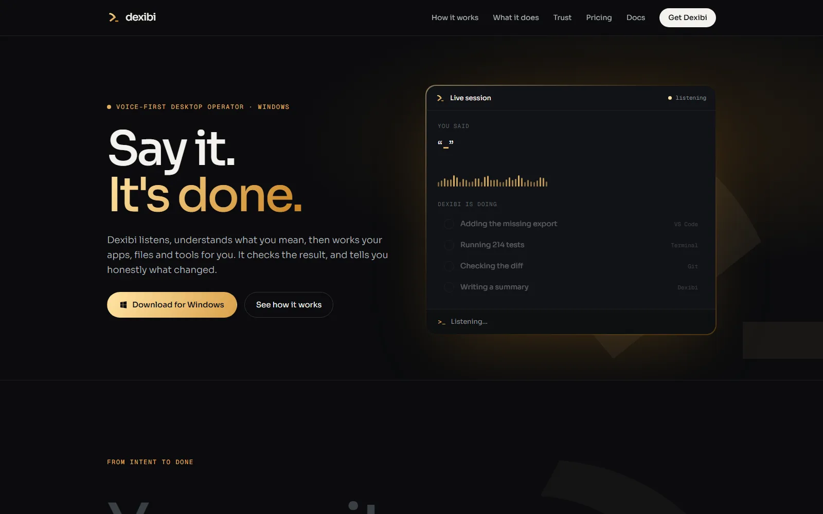 Dexibi website showing a live voice session carrying out a coding workflow